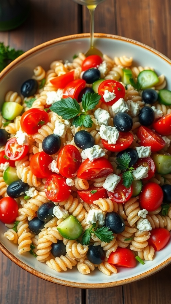 A colorful Greek Orzo Salad with tomatoes, cucumbers, olives, and feta in a bowl.